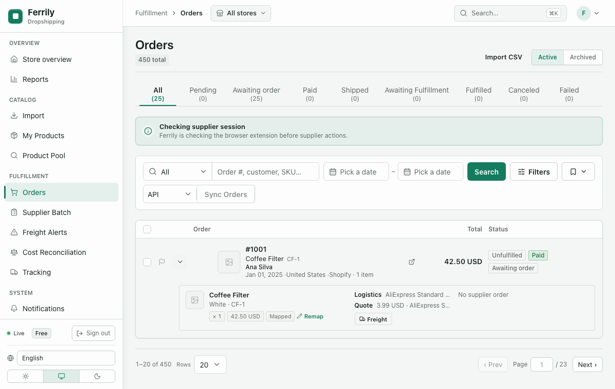Ferrily order workspace showing mapped products, freight readiness, and fulfillment status